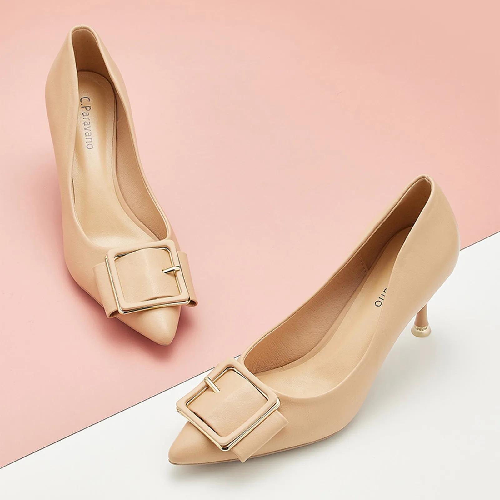 Square Buckled Pumps (Olivia) Beige