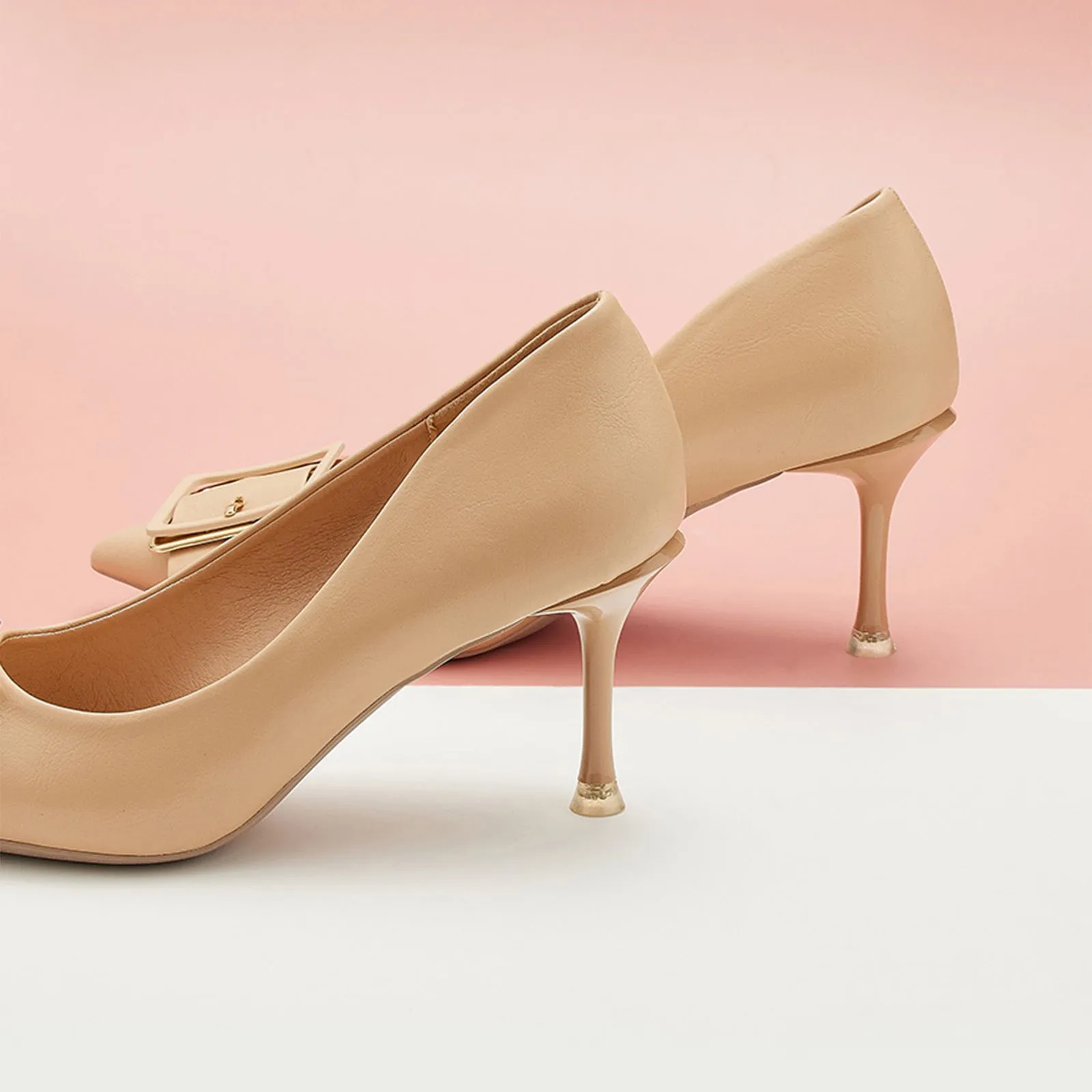 Square Buckled Pumps (Olivia) Beige