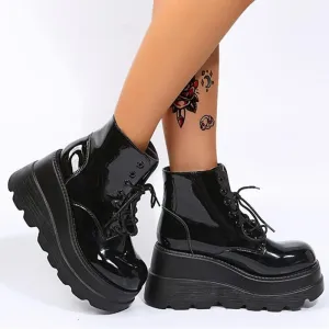 Thick platform wedge heels lace-up booties