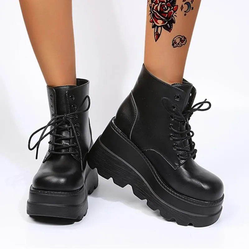 Thick platform wedge heels lace-up booties