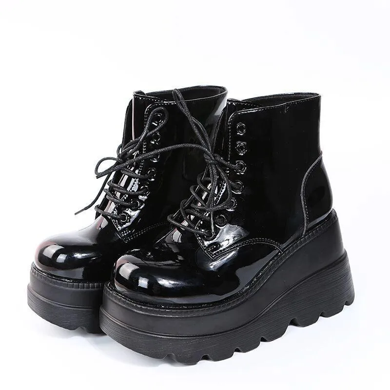 Thick platform wedge heels lace-up booties