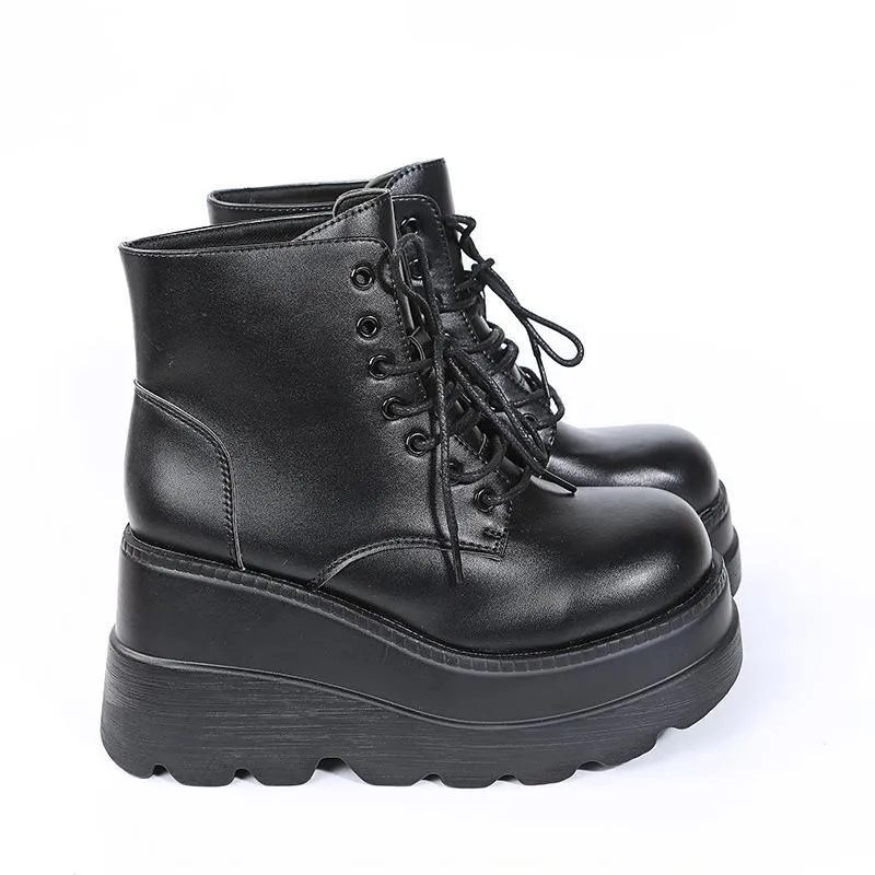 Thick platform wedge heels lace-up booties