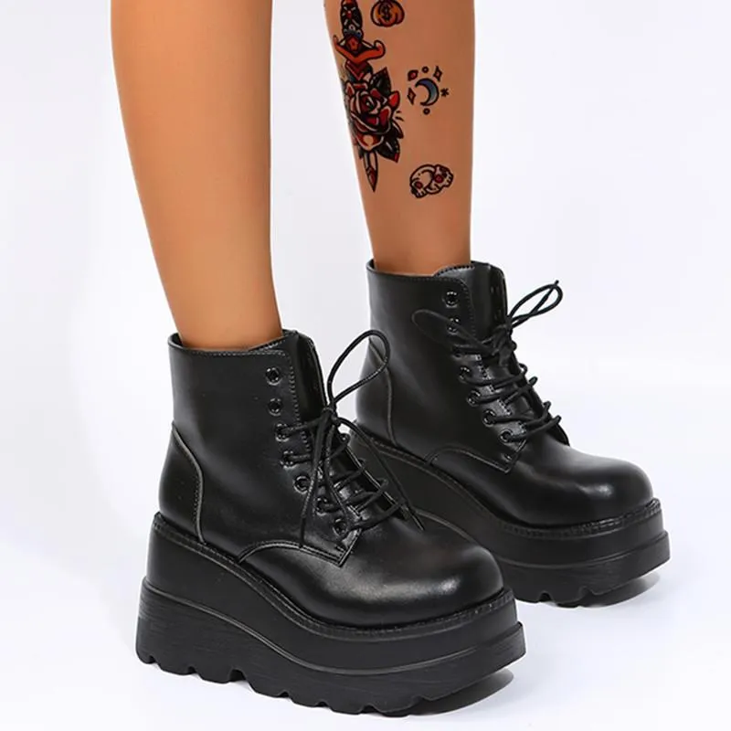 Thick platform wedge heels lace-up booties