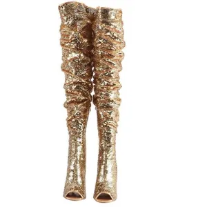 Women's Gold Sequin Open Toe Thigh High Boots