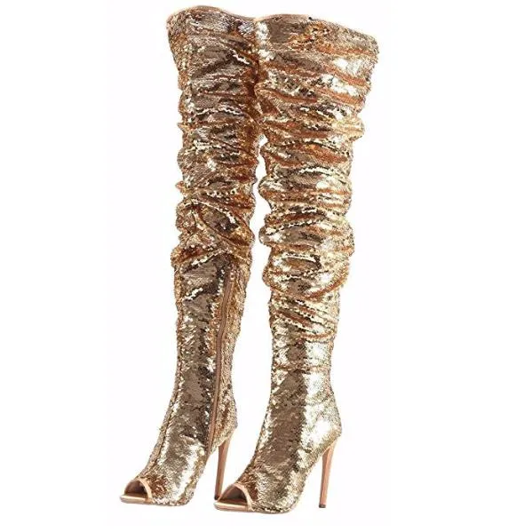 Women's Gold Sequin Open Toe Thigh High Boots
