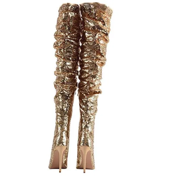 Women's Gold Sequin Open Toe Thigh High Boots